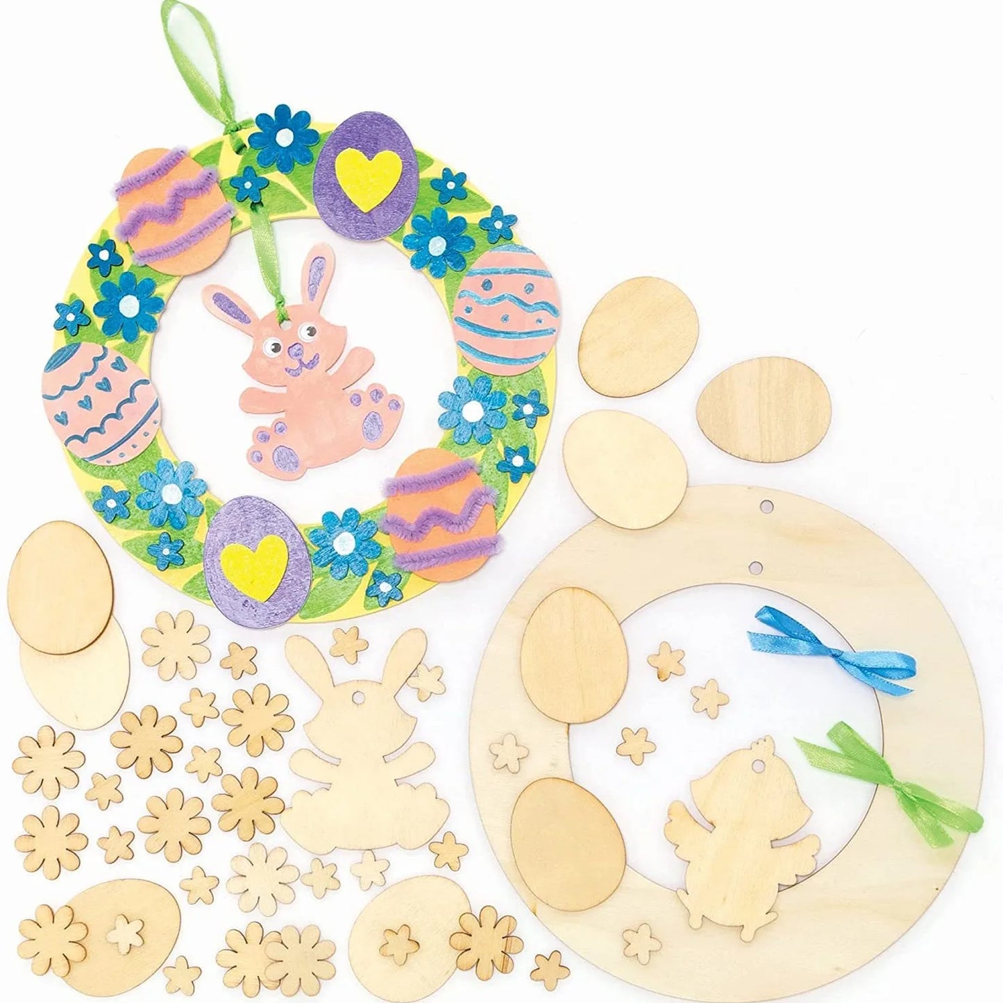 Houten Paas figuren om zelf te kleuren/schilderen – Paaskrans figuren met konijn en eieren