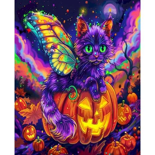 Schilderen op nummer Halloween Kat met Pompoen op Canvas in Frame (optioneel) - 9961712