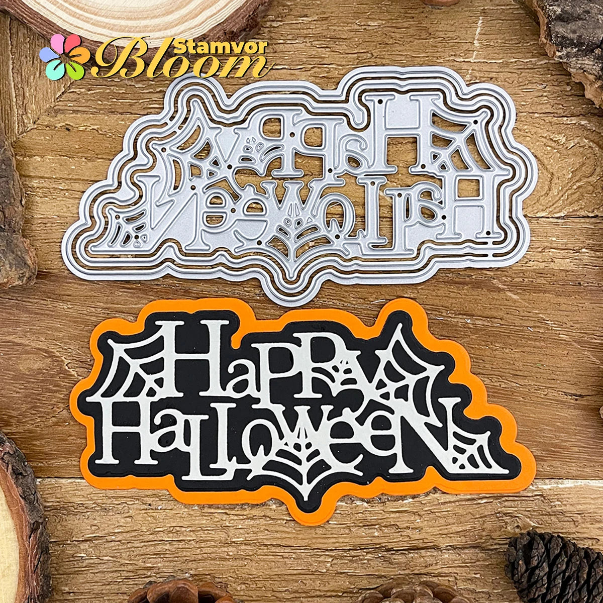 Snijmal Spinnenweb en Happy Halloween Tekst voor Kaarten en Scrapbooking
