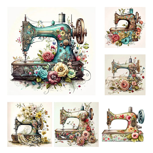 Borduurpakket Bloemmotief met Naaimachine – 40x40cm Complete Set