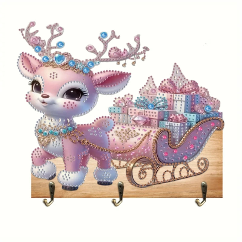 Diamond Painting Kapstok/Sleutelrek met Kerst Hert en 3 Haken