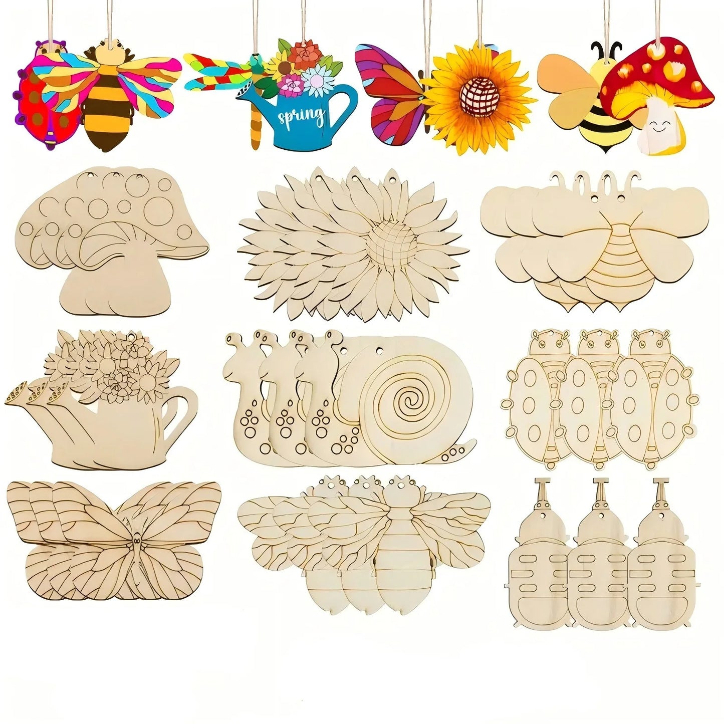 Houten figuren om zelf te kleuren/schilderen – 16 houten lente ornamenten