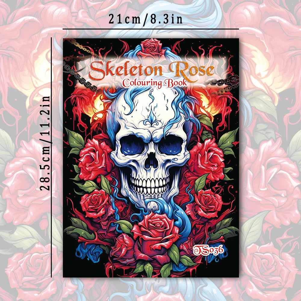 Kleurboek voor volwassenen – Skelet met rozen, 30 pagina’s