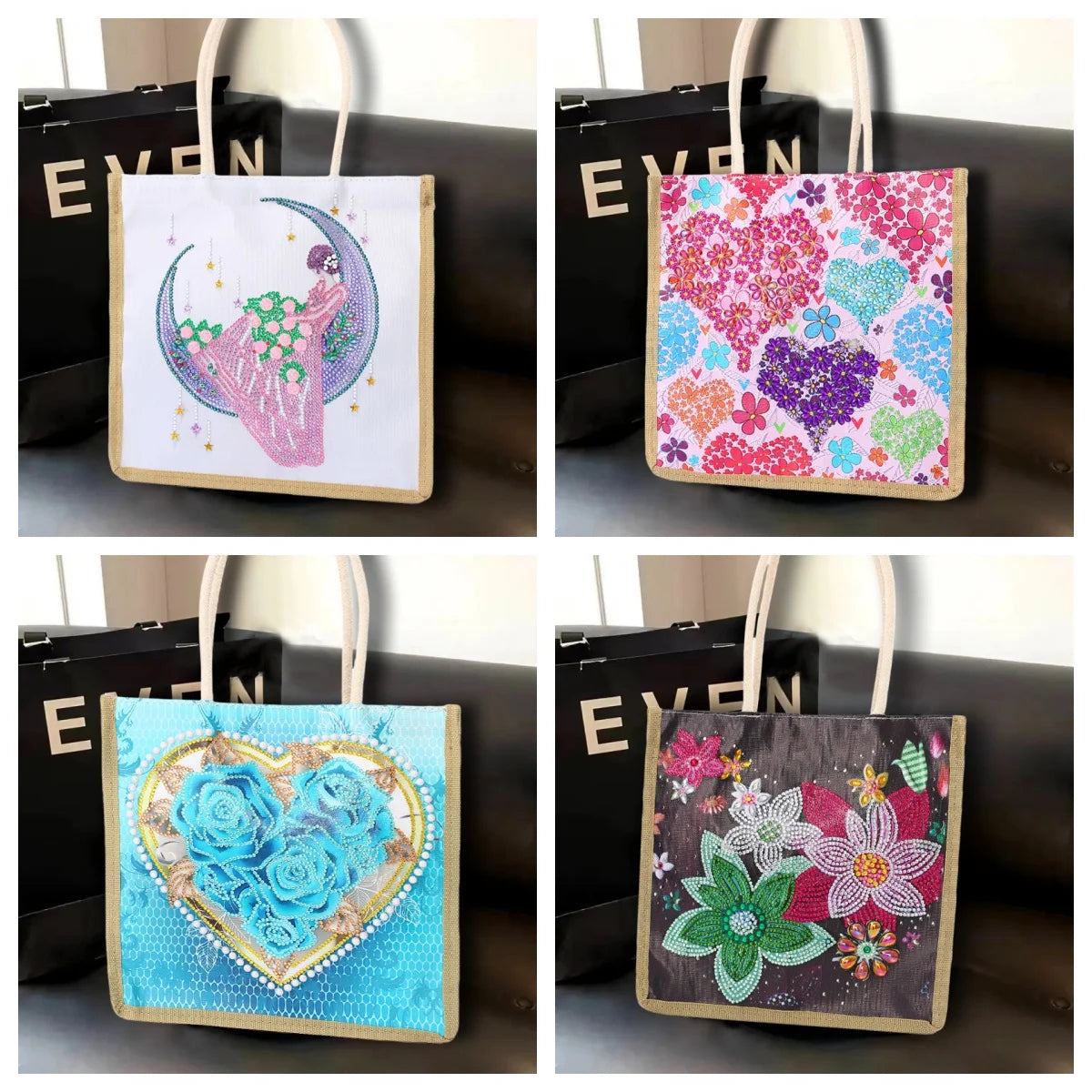 Diamond Painting Tas Hartpatroon Canvas Shopper met Steentjes