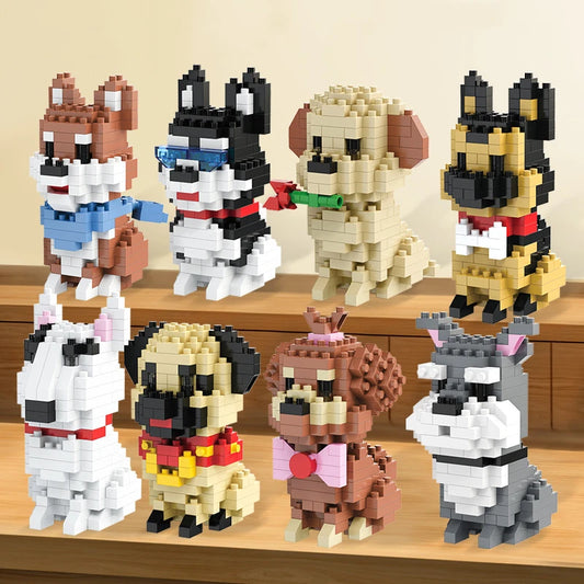Bouwpakket schattige Husky & kat speelgoed – mini blokjes puzzelplezier