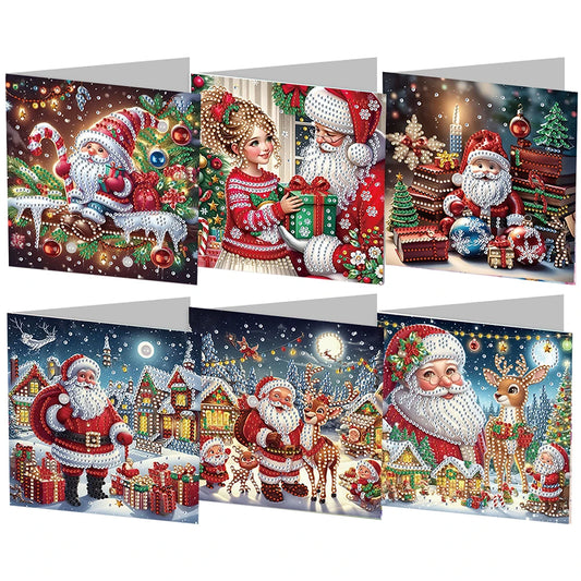 Diamond Painting Kerstkaarten Set – 6 Stuks met Kerstman Ontwerpen