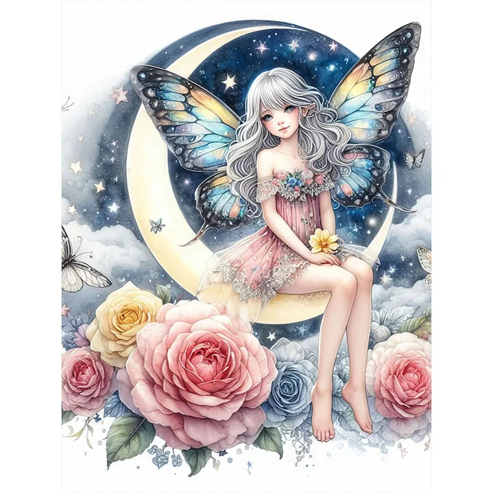 AB Diamond Painting op canvas - Fairy Dust Vlinderthema Maanmeisje