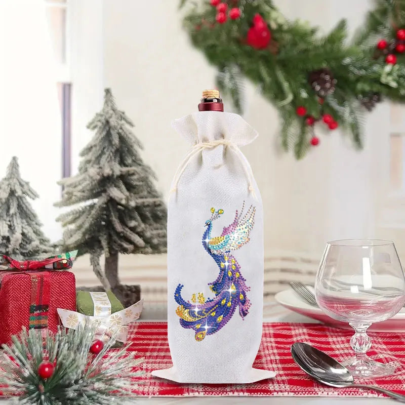 Diamond Painting Wijnfleszak met dierenprint – Kerst & Cadeau verpakking