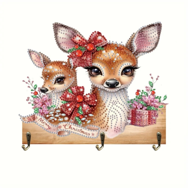 Diamond Painting Kapstok/Sleutelrek met Kerst Hert en 3 Haken