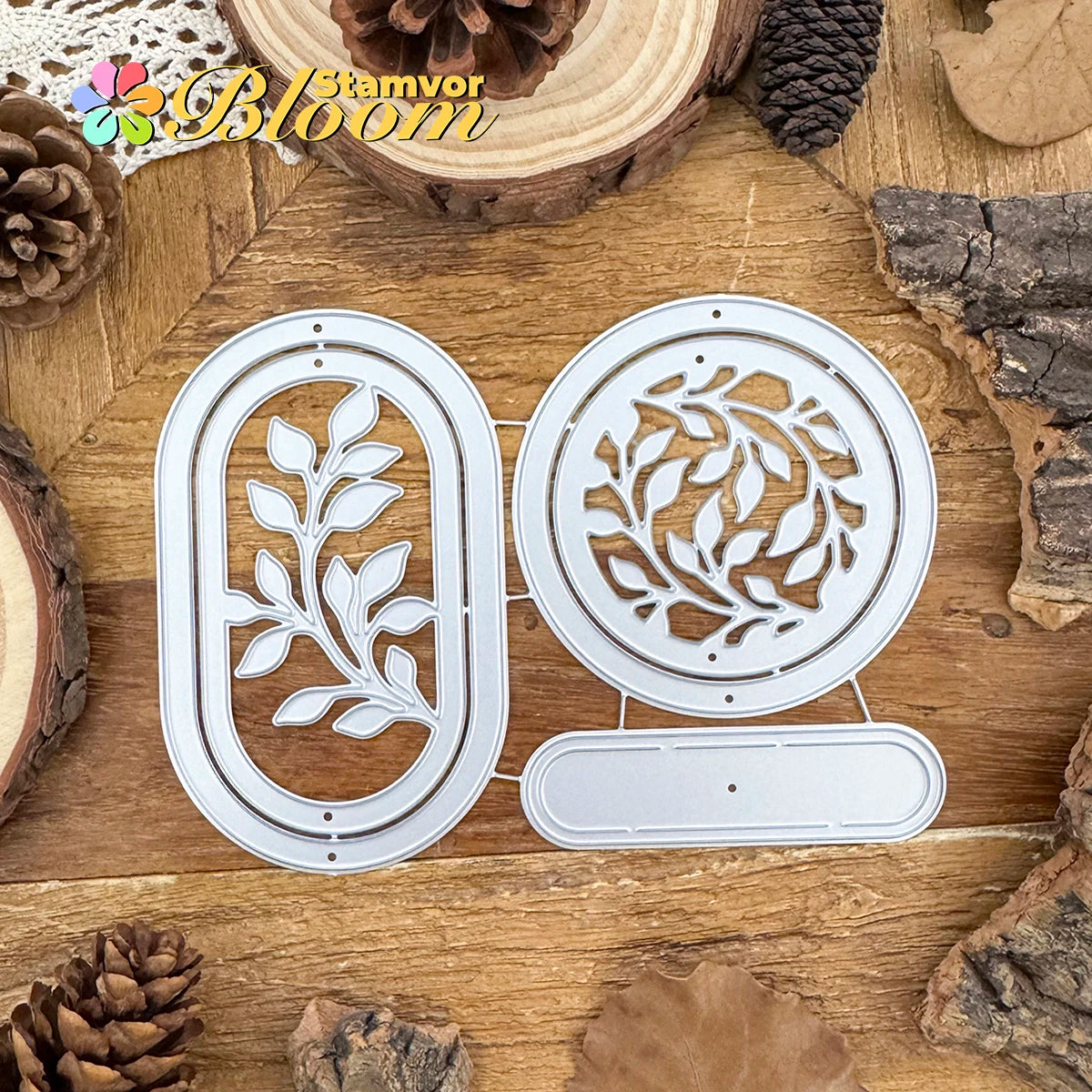 Metalen snijmal bladeren takken cirkels frames labels decoratief