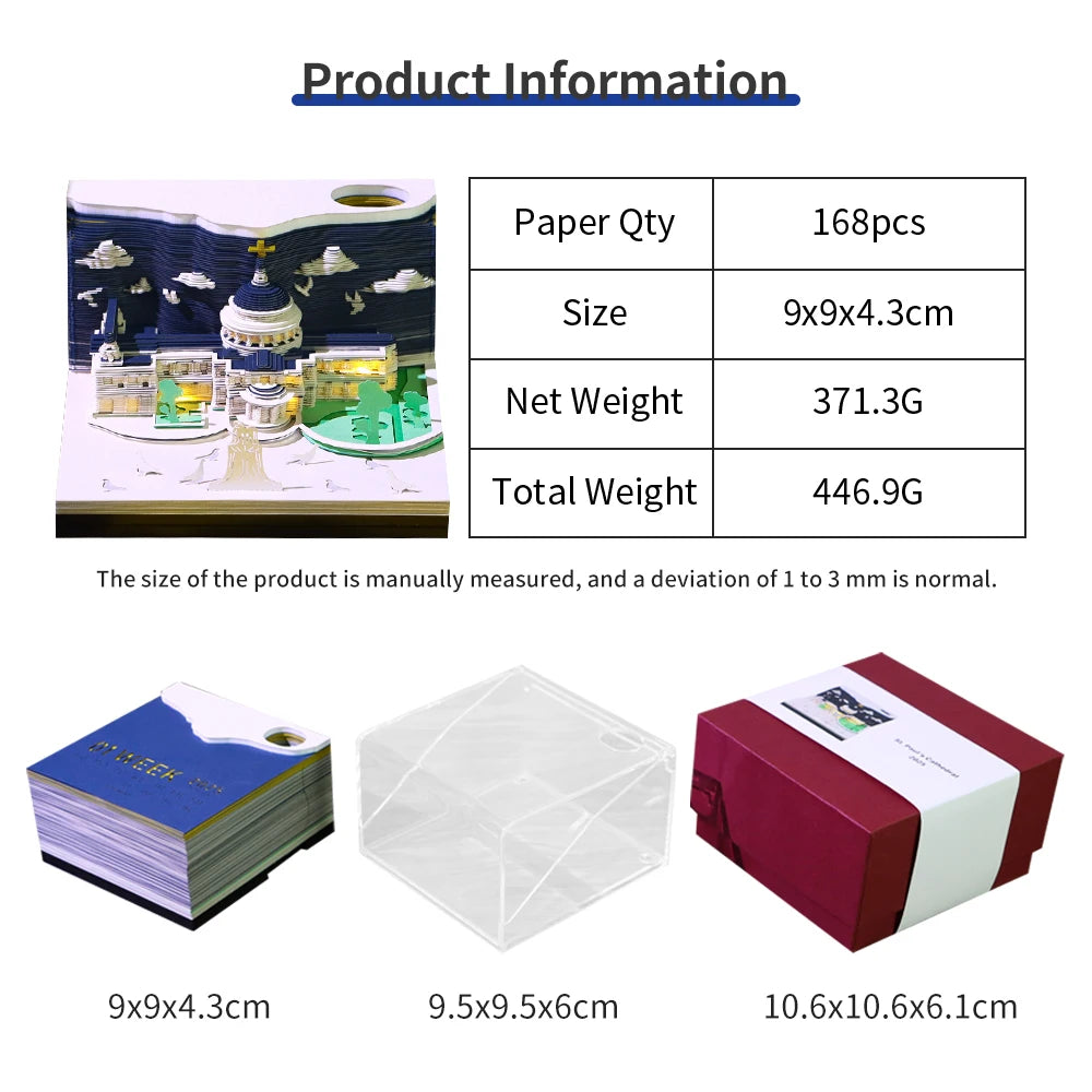 3D Papier Sculptuur Kathedraal LED Notitieblok met Pennenhouder – Creatieve Bureaudecoratie - 2025