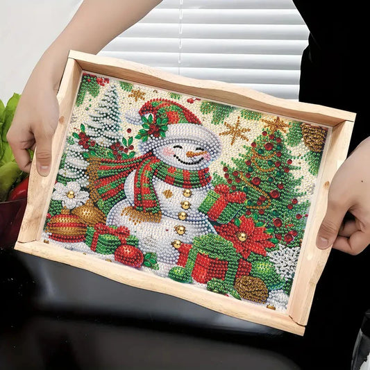 Diamond Painting Dienblad Kerst met Sneeuwpop en Kerstbomen Houten Tray