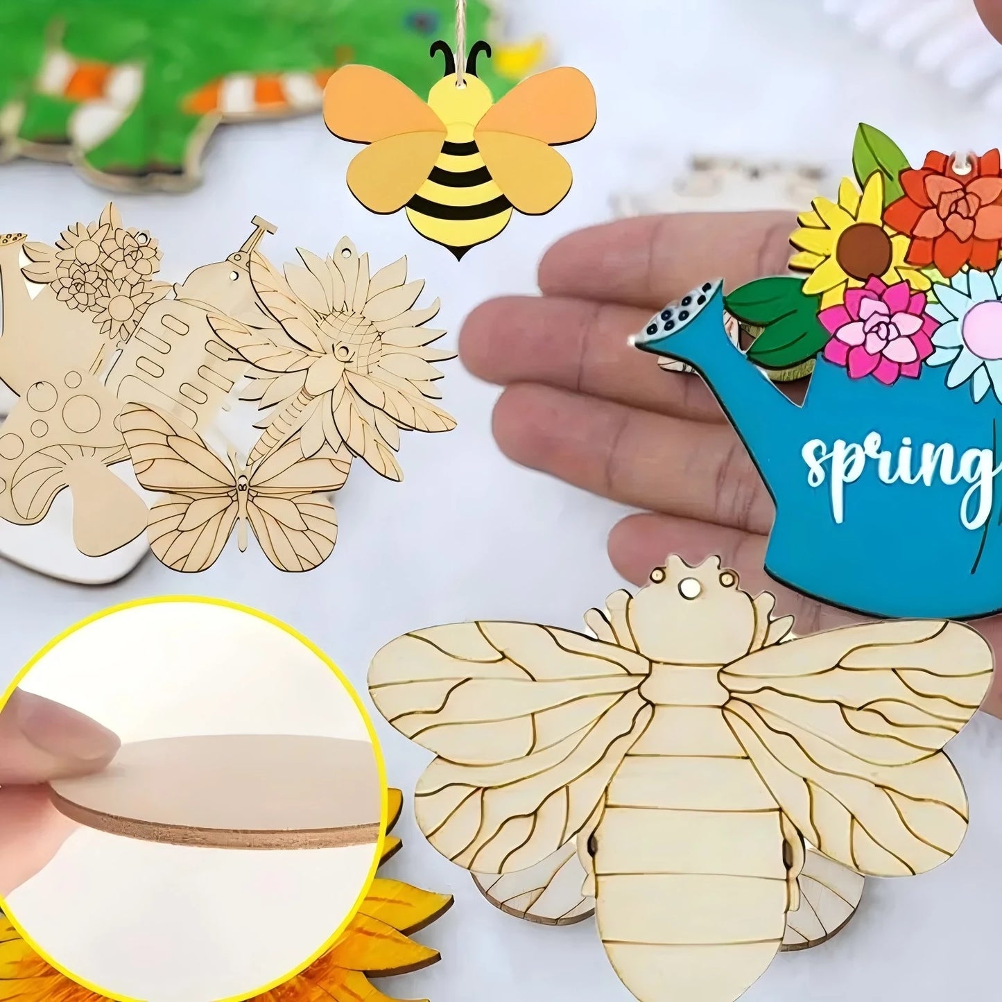 Houten figuren om zelf te kleuren/schilderen – 16 houten lente ornamenten