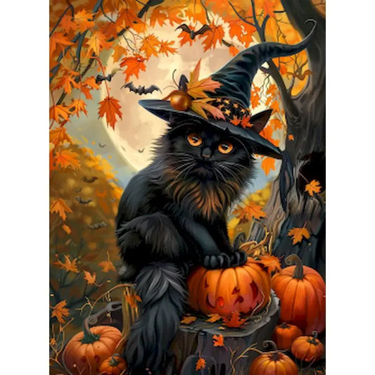 Schilderen op nummer Halloween Kat met Pompoen op Canvas in Frame (optioneel) - 9961783