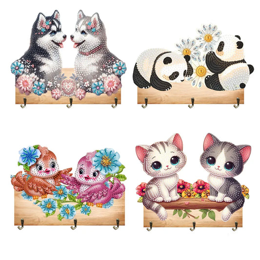 Diamond Painting Kapstok/Sleutelrek – Houten Haakjes met Schattige Dieren