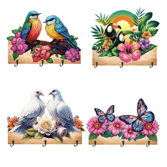 Diamond Painting Kapstok/Sleutelrek – Houten Haakjes met Schattige Vogel