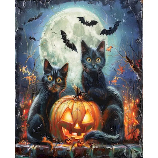 Schilderen op nummer Halloween Kat met Pompoen op Canvas in Frame (optioneel) - 9961731