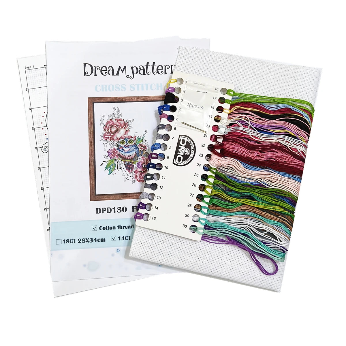 Borduur pakket Uil met bloemen patroon op wit canvas