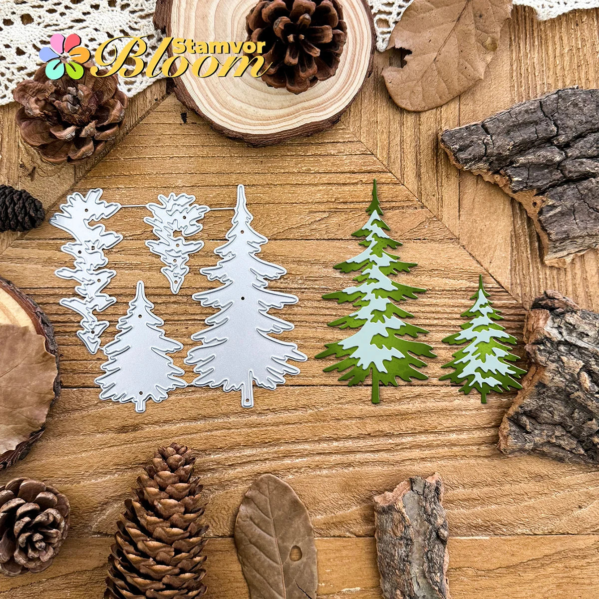 Snijmal Retro Winter Pine Bomen Laagjes voor Scrapbooking