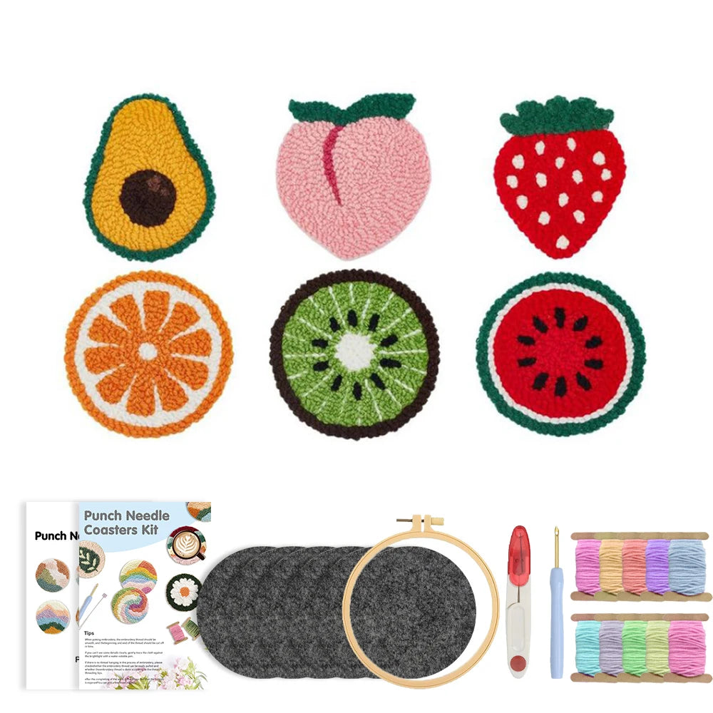 Punch Needle pakket Fruit onderzetters complete startersset 6-delig
