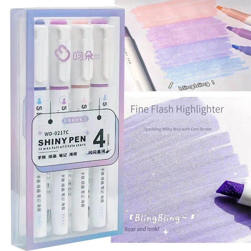 Stiften set Kawaii Glitter Highlighters Pastel 4 Kleuren