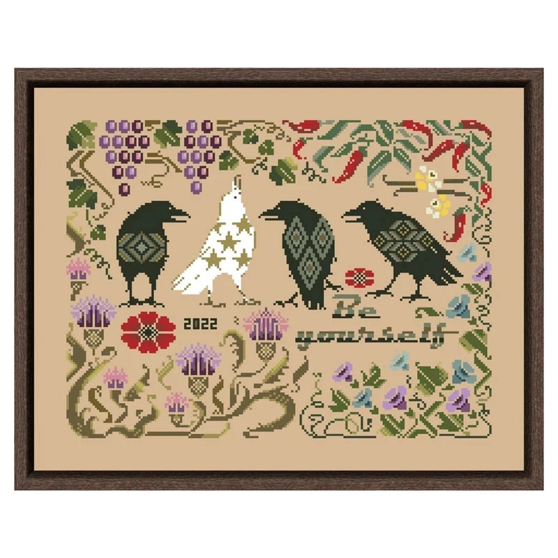 Borduurpakket Kraaien en Bloemen op Linnen Canvas