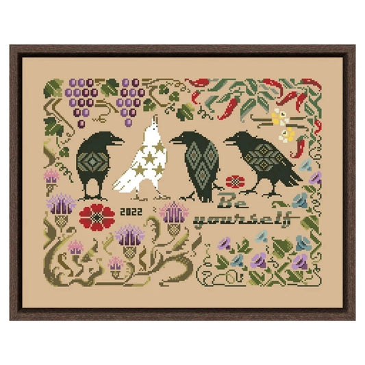 Borduurpakket Kraaien en Bloemen op Linnen Canvas
