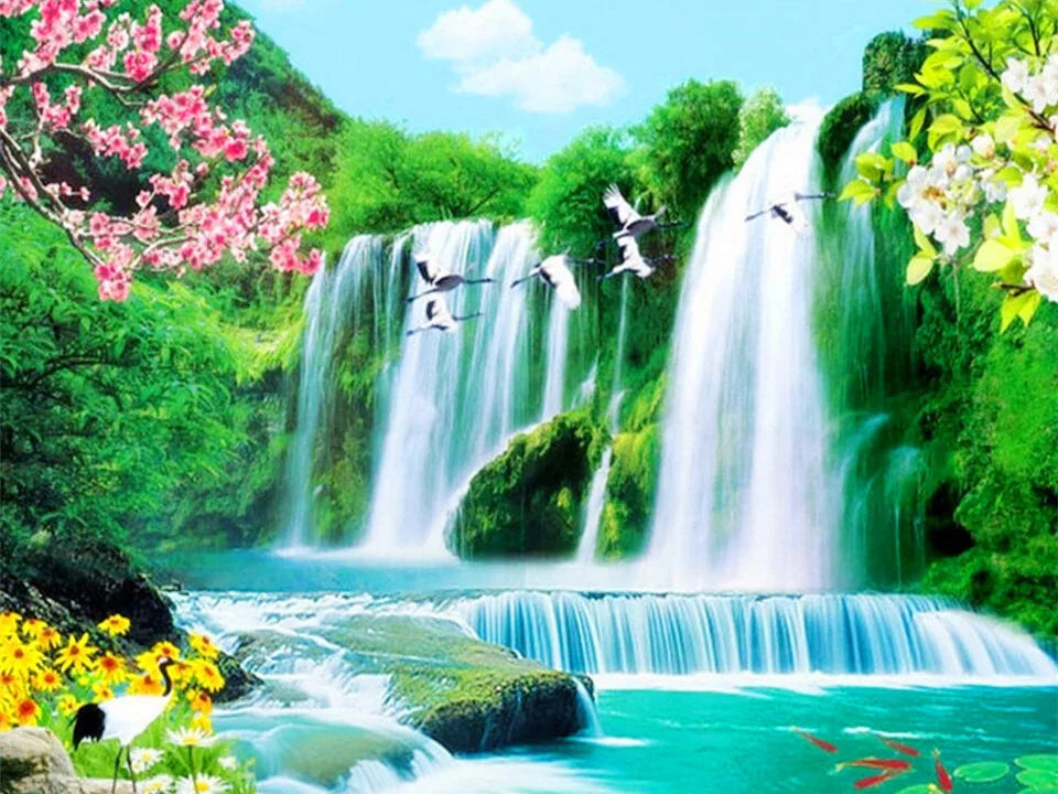 AB Diamond Painting met Fairy dust steentjes Waterval Bloemen