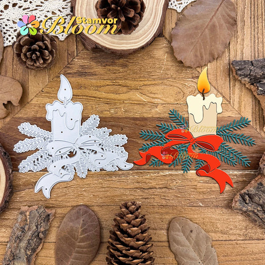 Snijmal Kerst kaars met dennetakken en strikken voor kaarten maken