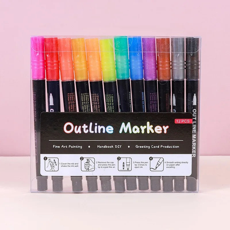 Stiften set met dubbele lijnen – metallic contour markers voor kaarten & bullet journal