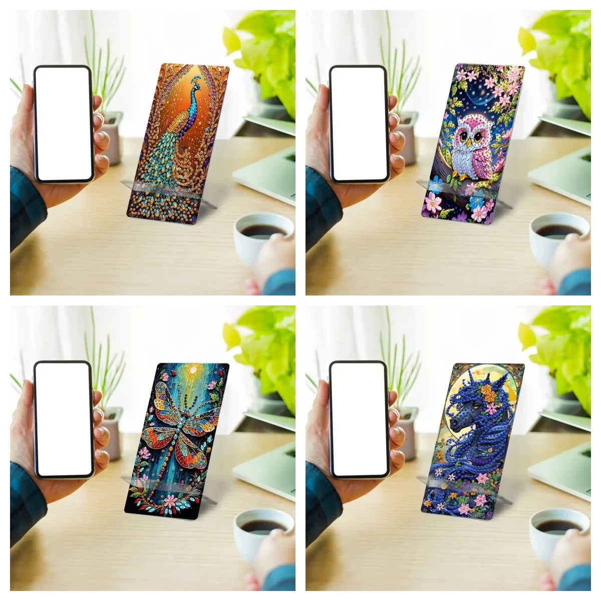 Diamond Painting Telefoon standaard pauw uil kristal houder spiegel