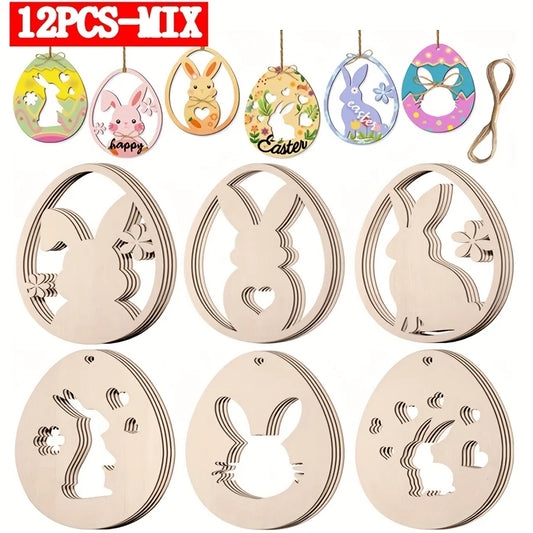 Houten Paas figuur om zelf te kleuren/schilderen – 12 paashangers konijn & ei