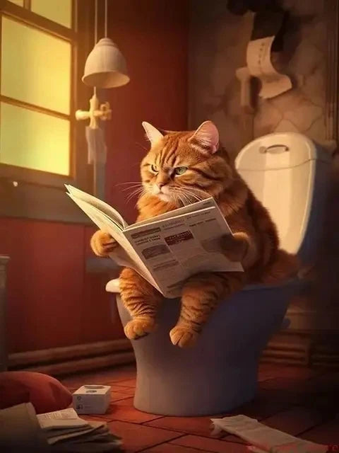 AB Diamond Painting met Fairy dust steentjes Kat op Toilet Krant