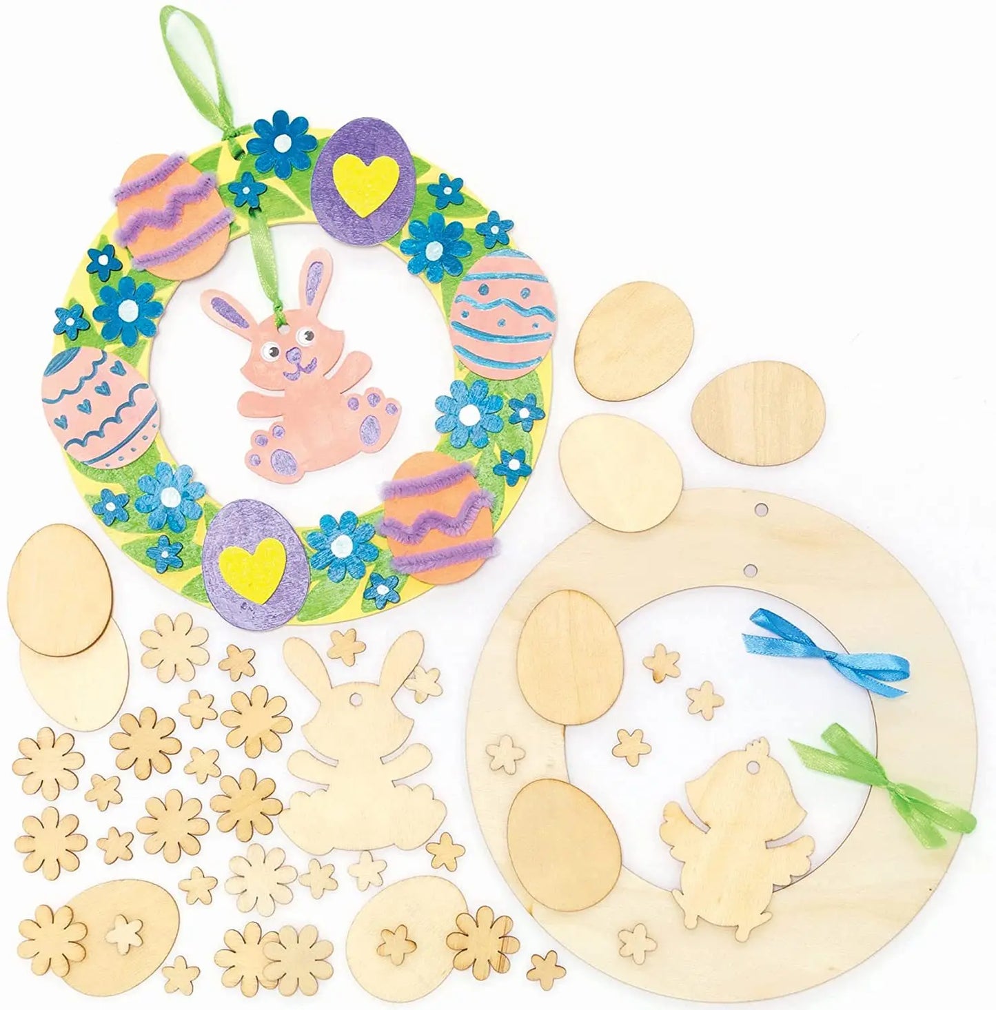 Houten Paas figuren om zelf te kleuren/schilderen – Paaskrans figuren met konijn en eieren
