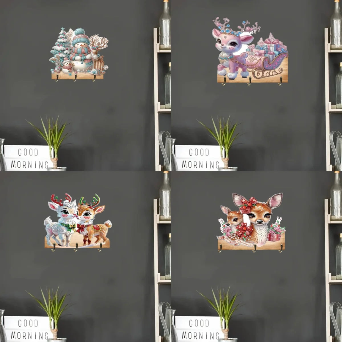 Diamond Painting Kapstok/Sleutelrek met Kerst Hert en 3 Haken