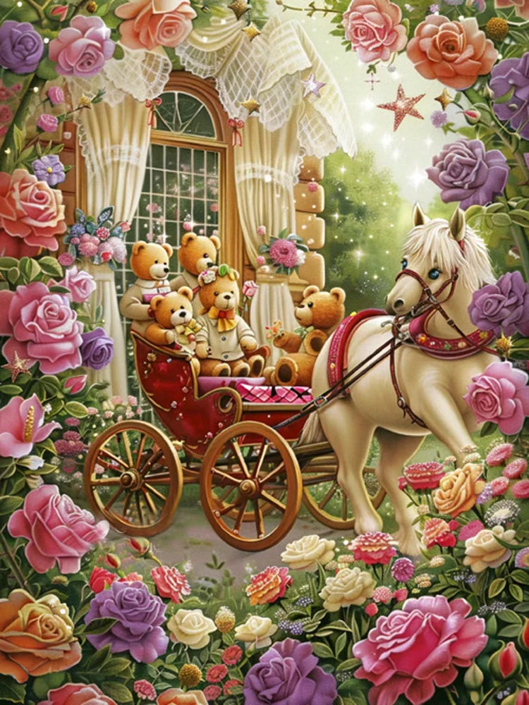AB Diamond Painting op canvas – Fairy Dust Rozentuin met Koets en Beer