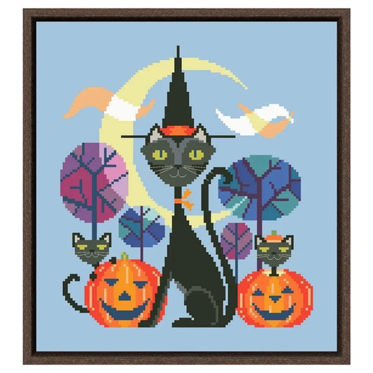 Borduurpakket Halloween Kat – Kruissteek op Blauw Aida – 18ct/14ct/11ct