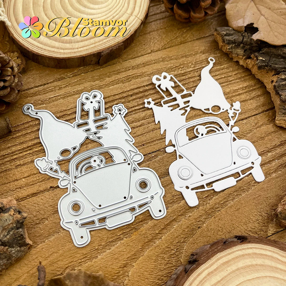 Snijmal kerst truck met vrolijke kabouter voor kaarten en scrapbooking