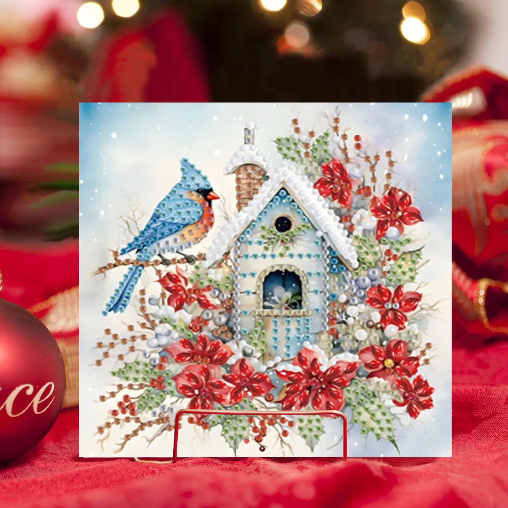 Diamond Painting Kerstkaarten set vogels en huisjes – creatieve wenskaarten