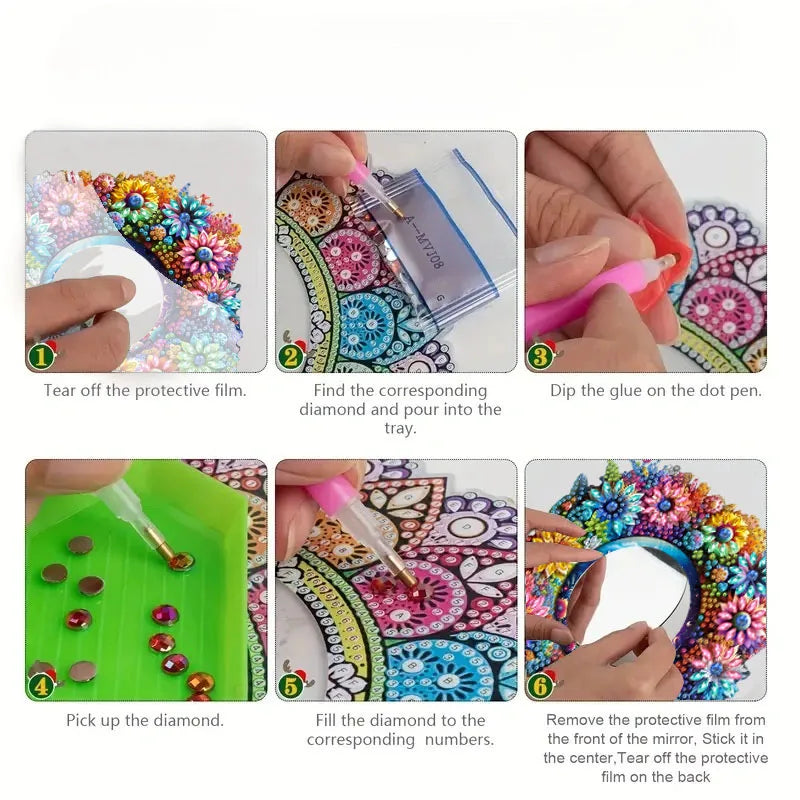 Diamond Painting Spiegel Gekleurde Bloemen Make-up Spiegel met Ketting - JZ014