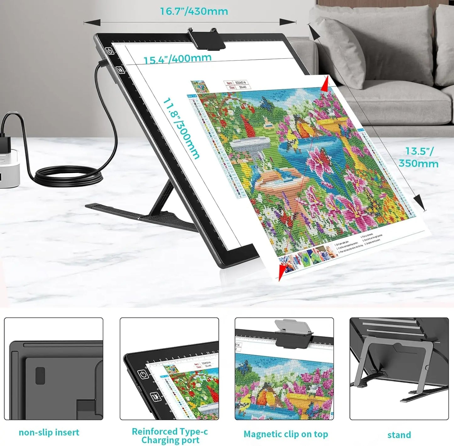 Diamond Painting Lightpad A3 – Draadloos Oplaadbare LED Tekenplaat met 3 Kleuren & Traploos Instelbare Helderheid