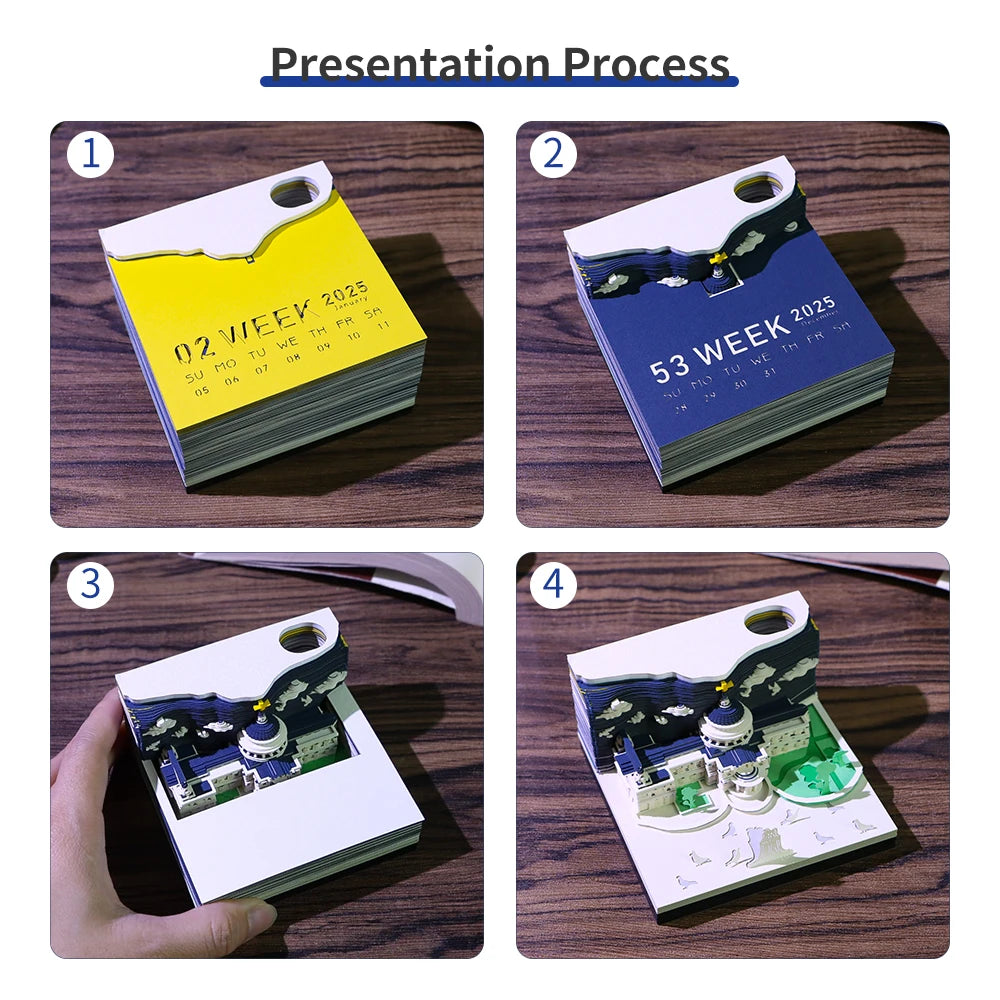 3D Papier Sculptuur Kathedraal LED Notitieblok met Pennenhouder – Creatieve Bureaudecoratie - 2025