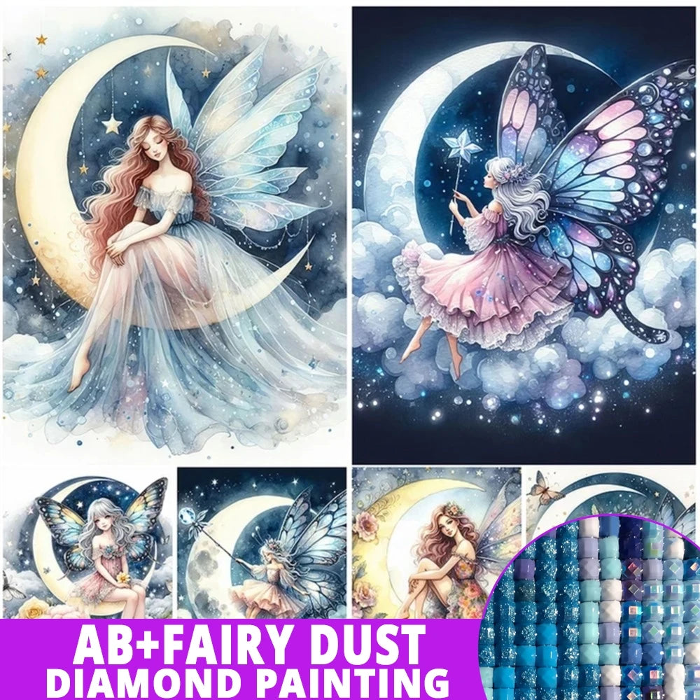 AB Diamond Painting op canvas - Fairy Dust Vlinderthema Maanmeisje