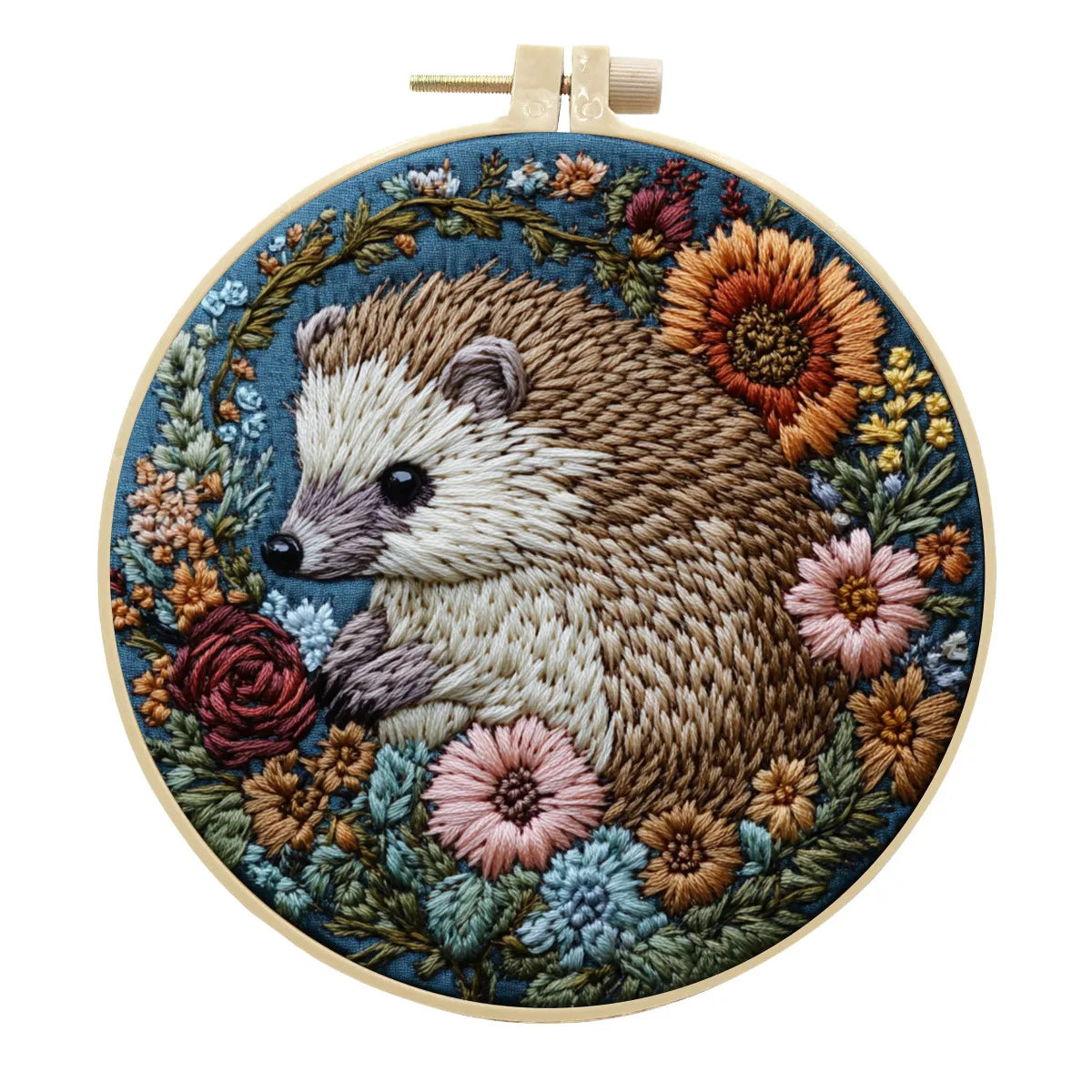 Borduurpakket rond Egel met Bloemen voor Beginners Inclusief Garen