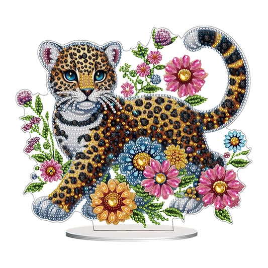 Diamond Painting Tafelornament Acryl Decoratie met Speciale Strass - Luipaard met bloemen