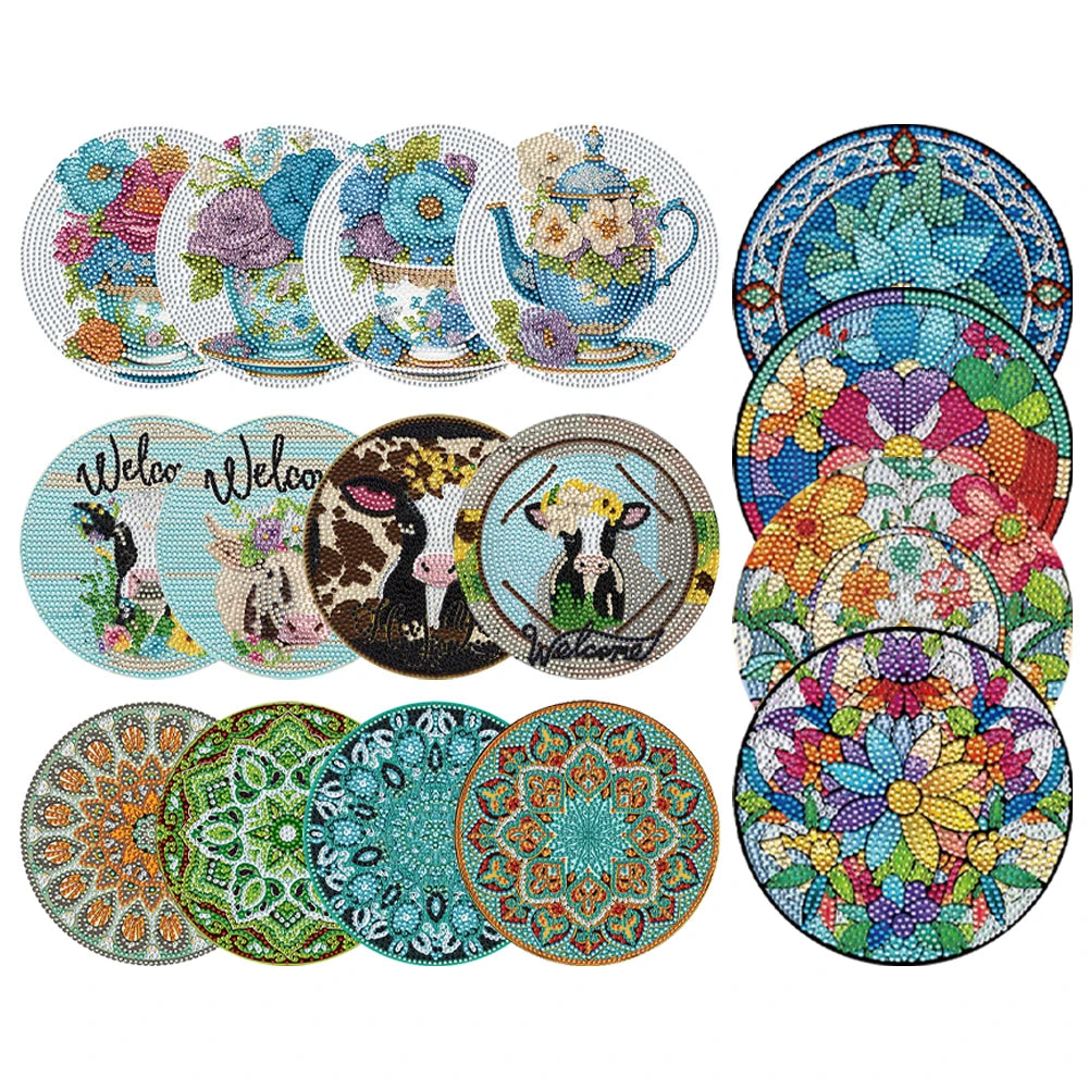 Diamond Painting Placemat met Bloemen en Koe Design – Set van 4