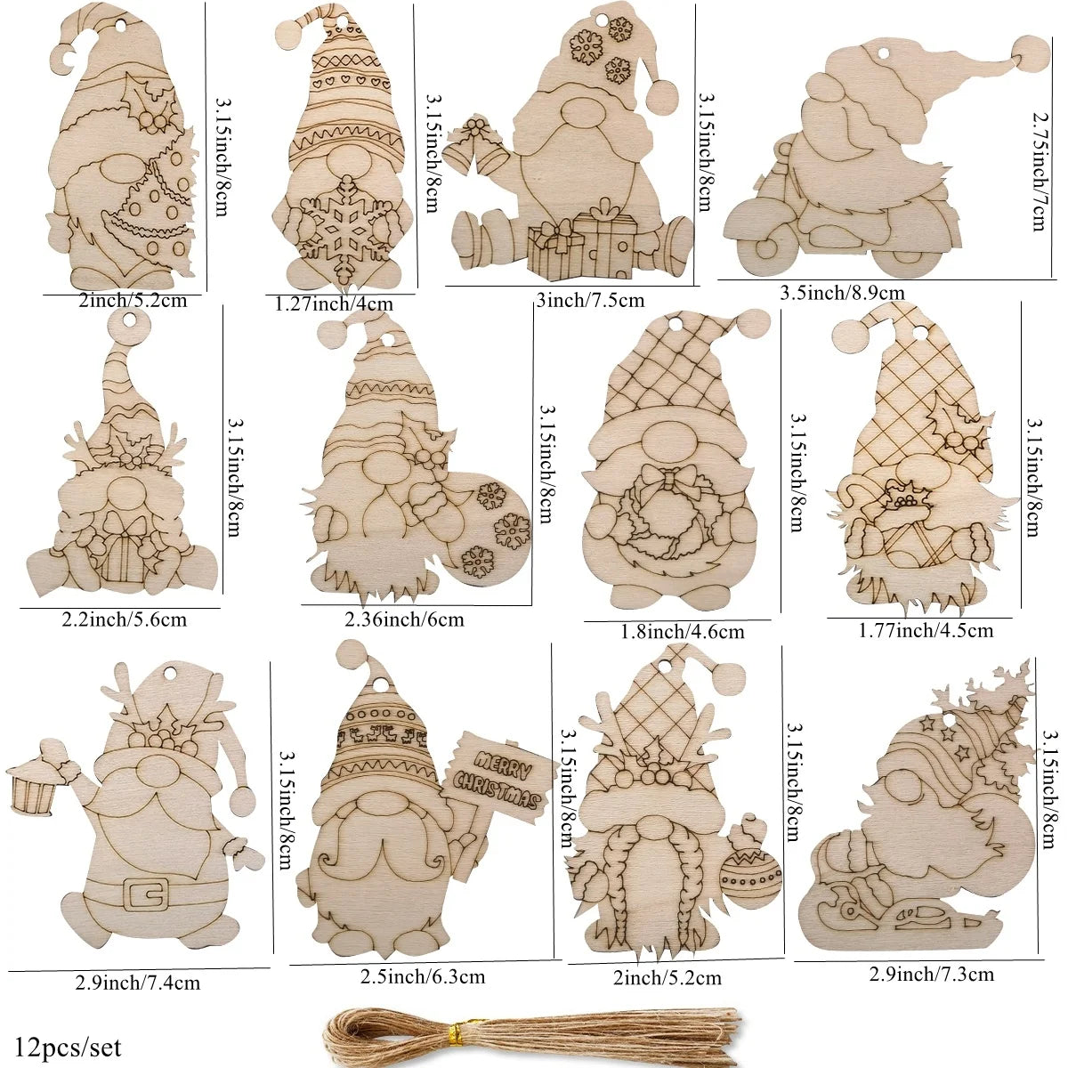 Houten figuur om zelf te kleuren/schilderen – 12 kerstgnomen hangdecoratie