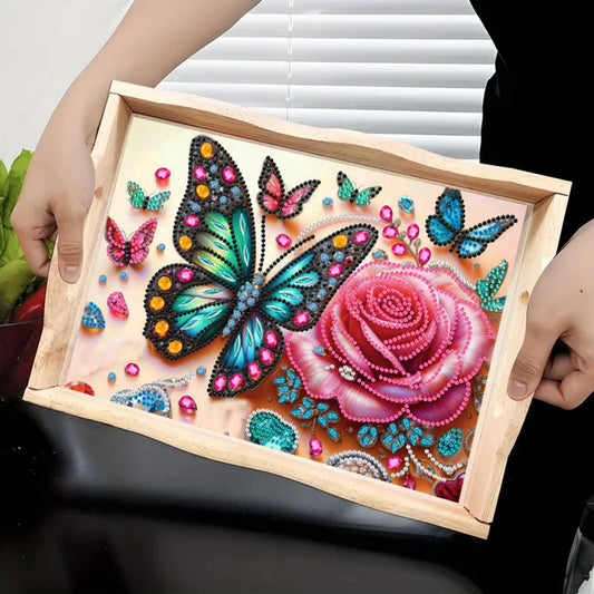 Diamond Painting Dienblad Roos en Vlinders Houten Serveerblad met Handvat