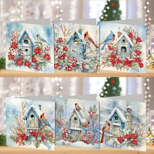 Diamond Painting Kerstkaarten set vogels en huisjes – creatieve wenskaarten