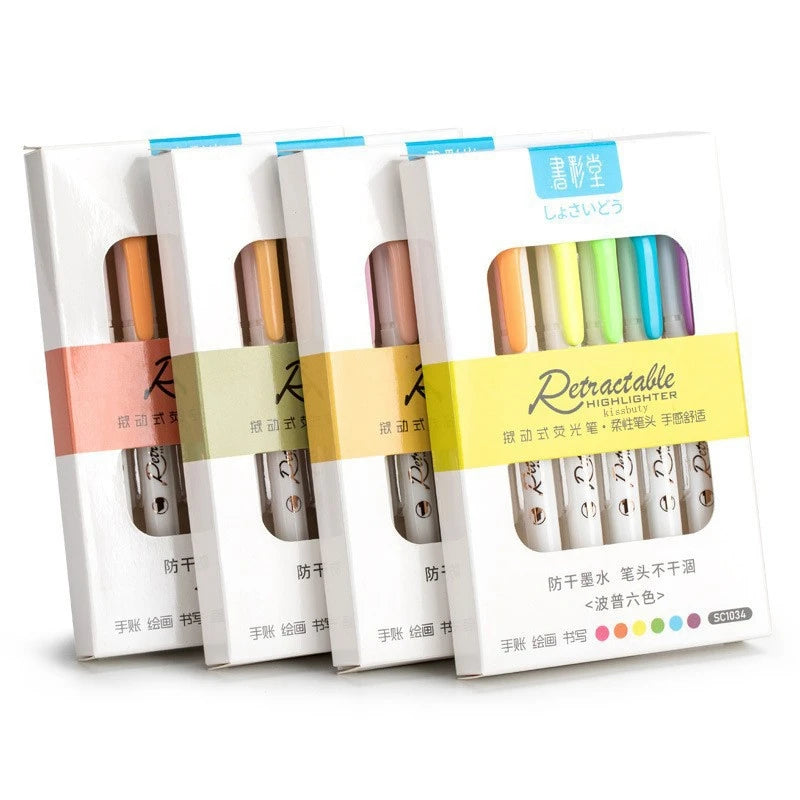 Stiften set met 6 kleuren – Multicolor highlighters met drukknop